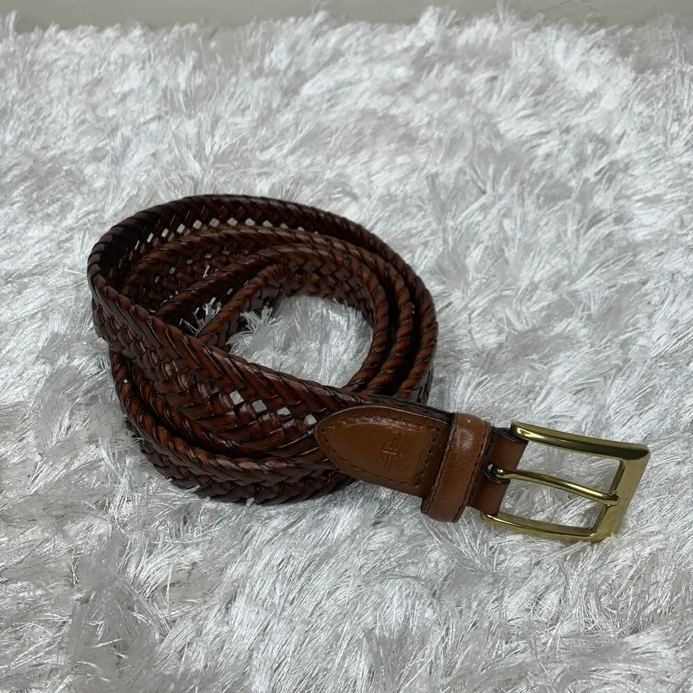 Dockers Leather Braided Belt Sz 46 Gold Brass Rectangle Buckle